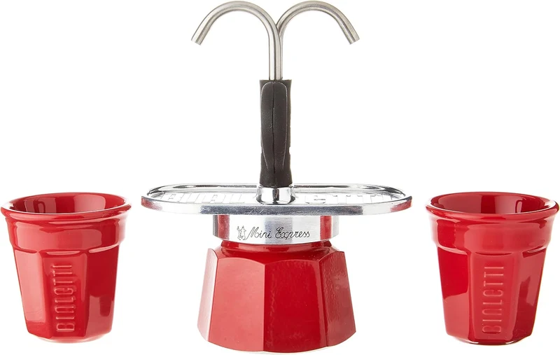 Bialetti Mini Express Color, Set Caffettiera 2 Tazze + 2 Bicchierini, Alluminio, Rosso Rot New Colle
