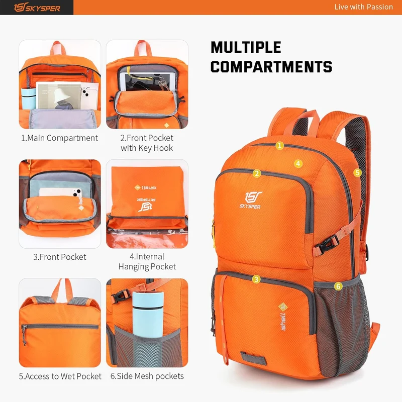 SKYSPER Ultraleichter Faltbarer Rucksack mit Nassfach - Wasserfest und Verstaubarer Daypack für Wand