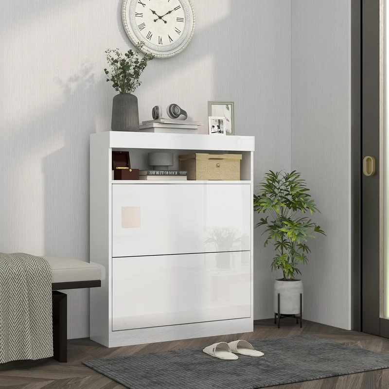 HOMCOM Schmaler Schuhschrank, Wandmontierter oder freistehender Schuhschrank mit 2 Klappschubladen u