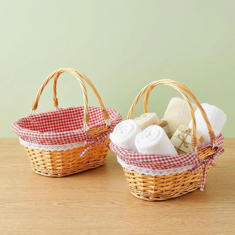2 Stück Picknickkorb aus Weide, 33x23x12cm, Handgeflochtener Weidenkorb mit Henkel und Gingham Futte
