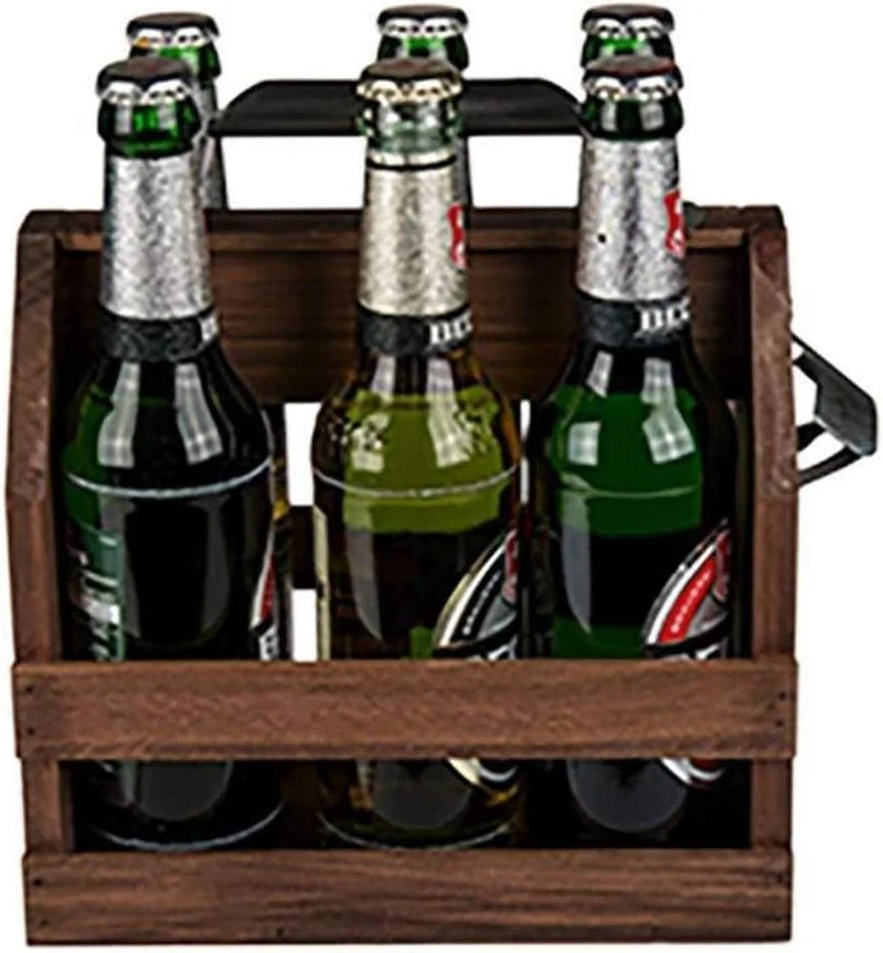 Retro Bierträger für 6 Flaschen 0,33 L Holz mit Metall Flaschenöffner Flaschenhalter Flaschenträger