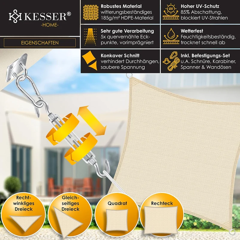 KESSER® Sonnensegel Sonnenschutz Windschutz | HDPE Gewebe | wasserabweisend & windabweisend | Rechte