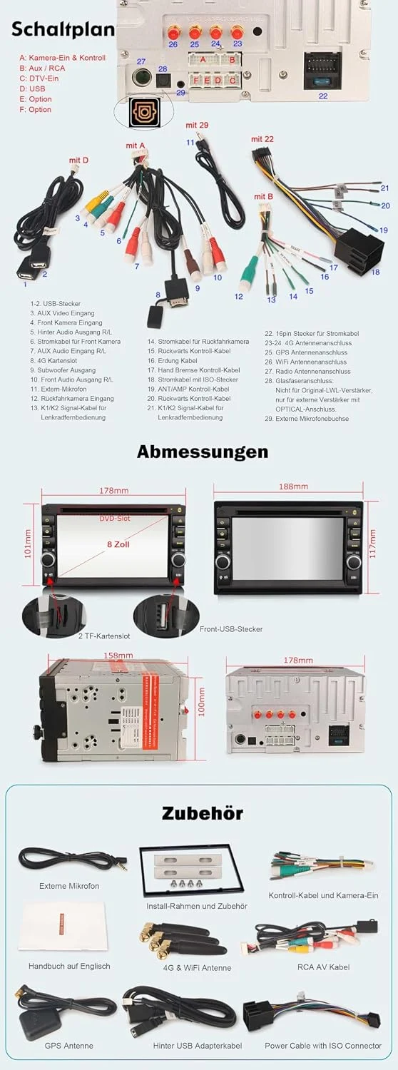 ERISIN Doppel Din 2 Din Android 14 Universal GPS Navi DVD Autoradio 6.2 Zoll Touchscreen Unterstützt