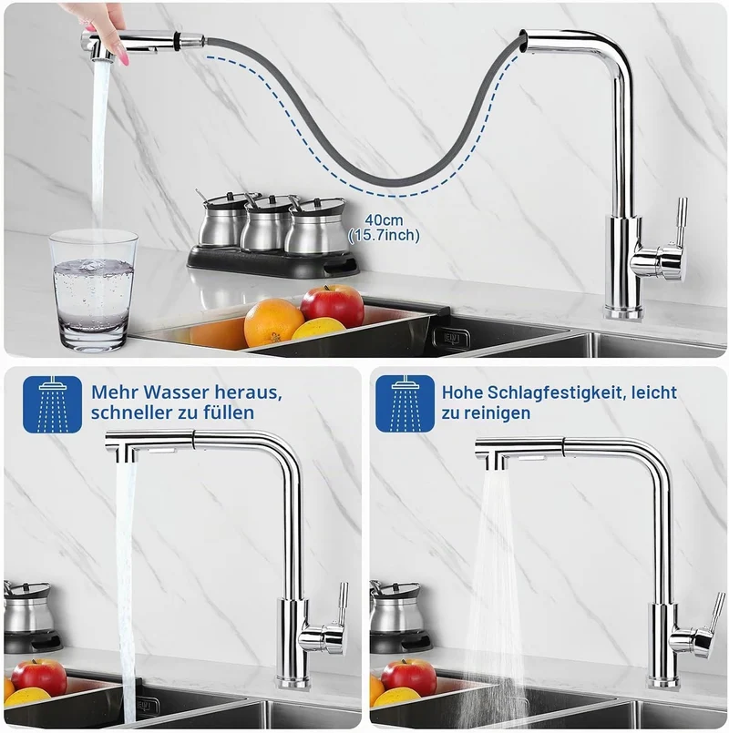 Wasserhahn Küche Ausziehbar,Küchenarmatur mit Brause Ausziehbar,360° Schwenkbare Küchenarmatur,Einhe
