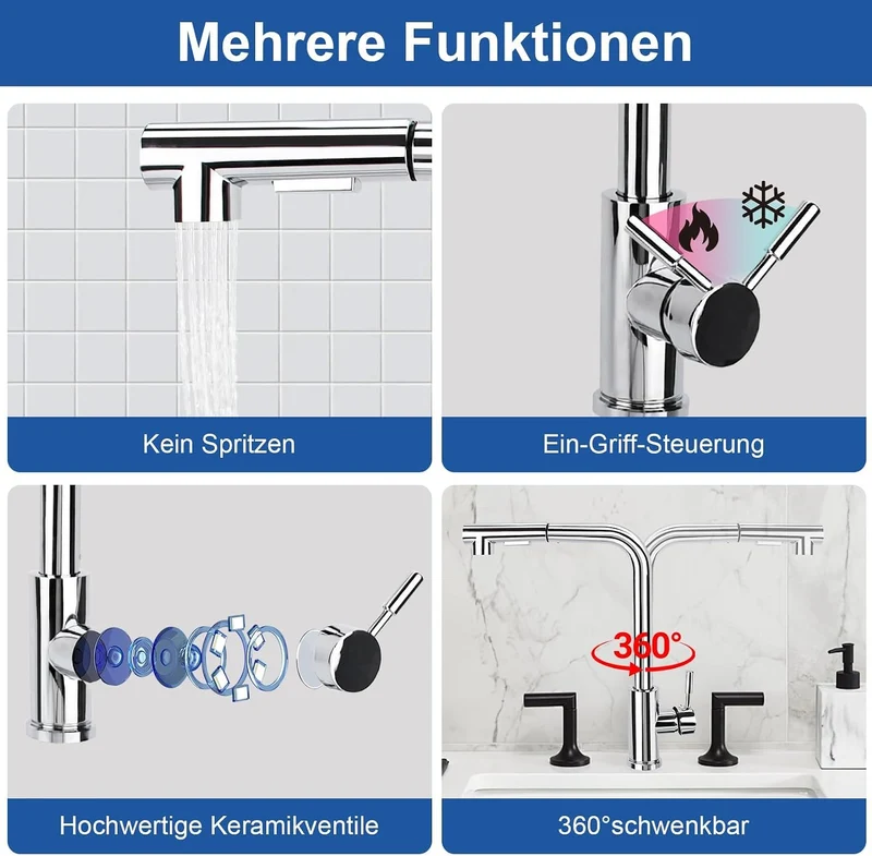 Wasserhahn Küche Ausziehbar,Küchenarmatur mit Brause Ausziehbar,360° Schwenkbare Küchenarmatur,Einhe