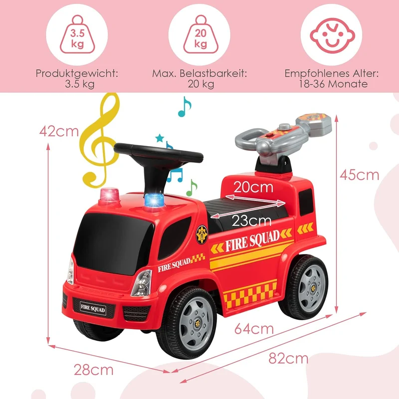DREAMADE Rutscherauto Kinder mit Bubble Maschine, Feuerwehrfahrzeug Kinder bis 20kg, Rutschauto mit
