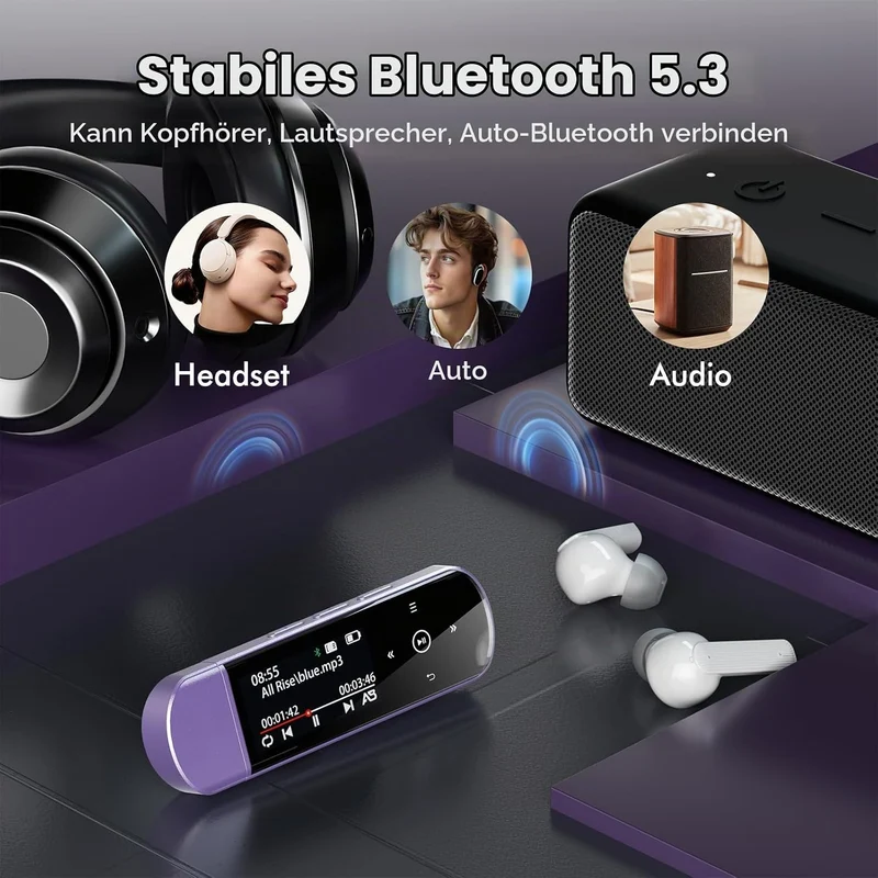 64GB Tragbarer USB MP3 Player mit Bluetooth 5.3, Clip für Sport & Laufen, FM Radio, Voice Recorder,