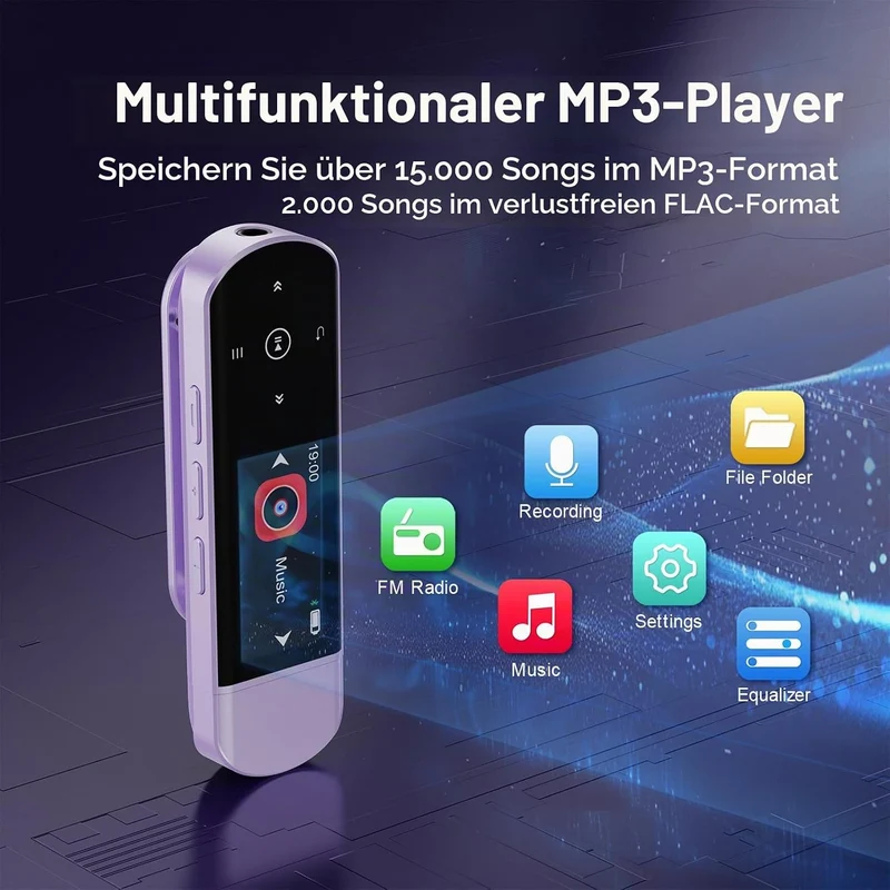 64GB Tragbarer USB MP3 Player mit Bluetooth 5.3, Clip für Sport & Laufen, FM Radio, Voice Recorder,