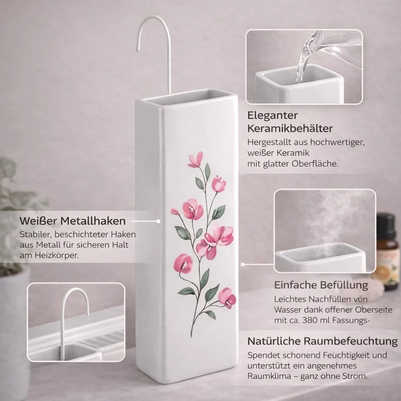 8er Set Luftbefeuchter Heizung Keramik 380ml Heizkörper Verdunster weiss mit Haken Blumenmotive Raum