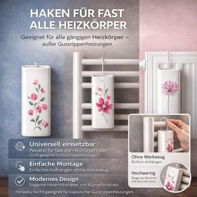 8er Set Luftbefeuchter Heizung Keramik 380ml Heizkörper Verdunster weiss mit Haken Blumenmotive Raum